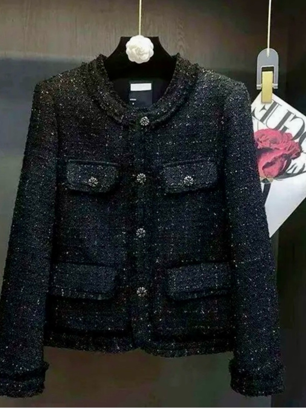 French Classic Black Tweed Women's Jacket - Elegant Collar & Pocket Detail